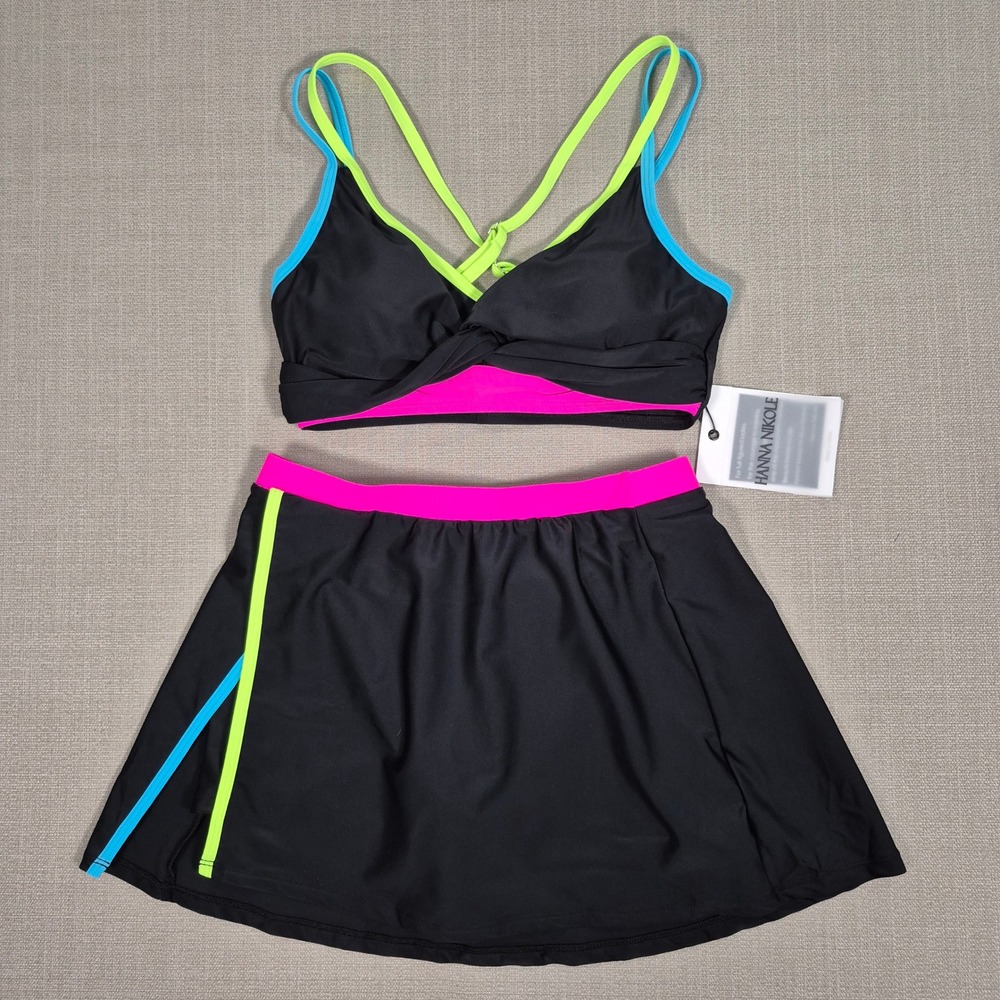Hanna Nikole Womens Neon Colorblock Swim Dress Two Piece Bikini Set Black Size S